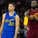 CLEVELAND, OH - DECEMBER 25: Stephen Curry #30 of the Golden State Warriors and LeBron James #23 of the Cleveland Cavaliers pause on the court during the first half at Quicken Loans Arena on December 25, 2016 in Cleveland, Ohio.